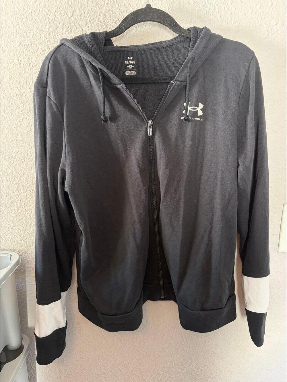 Under Armour black/white full zip hooded jacket size L loose fit women's